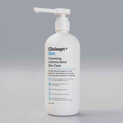 Clinisept+ Skin Cleansing Antimicrobial Skin Care bottle on a gray background