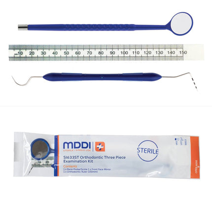Orthodontic 3-Piece Sterile Examination Kit - Mirror, Ruler,  CPITN-C (WHO)/No 8 Probe - Disposable 