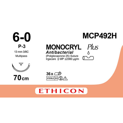 MONOCRYL Plus Suture MCP492H MCP492H Gauge 6-0, Length 70cm 